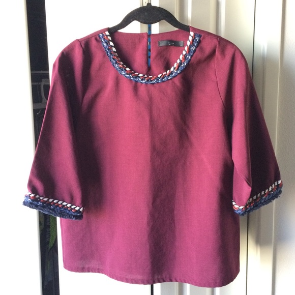 ⭐️Wine Red Boxy Top with Braided Tweed Fringe Trim - Picture 2 of 8